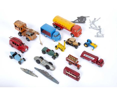 A group of die cast and cast lead vehicles and toys to include a Joal Campsa tanker lorry, a Corgi toys Karrier Bantam van, a