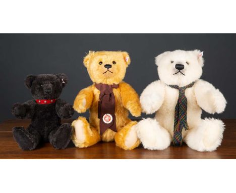 Three Steiff teddy bears consisting of a polar ted with a woven scarf, 38cm high together with a limited edition bear with st