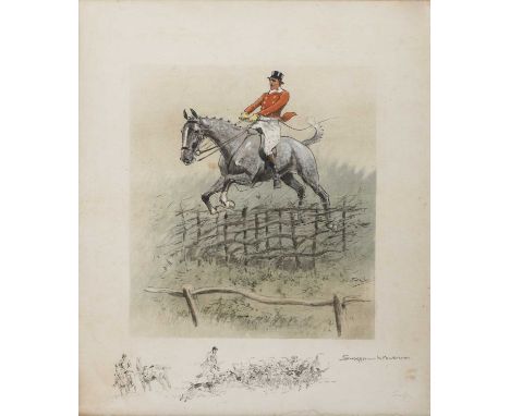 After Charles Johnson Payne (Snaffles)
'Swagger - but a Workman', lithograph, hand-coloured with printed vignette to the marg