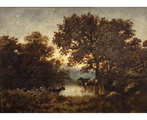 Jules Dupre (1811-1889)
Cattle at a wooded pool, inscribed verso, oil on panel, 22.5 x 32cm