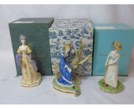 3 Lady figures in period dress by Royal Worcester with boxes