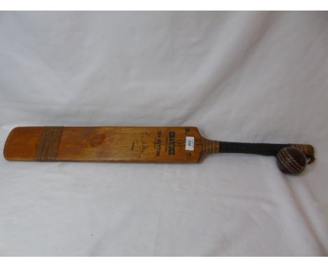 Vintage style cricket bat and ball marked Len Hutton