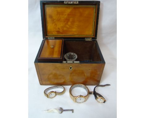 Antique mahogany tea caddy with 1 box complete with 3 wrist watches etc