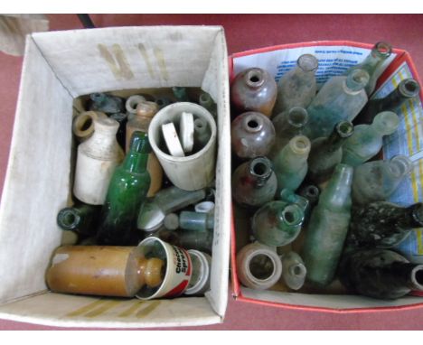 2 Boxes of vintage and antique glass and stoneware bottles