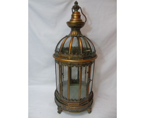 Round form metal and glass Victorian style lantern candle holder complete with hanging hook approx. 24" tall  with a 10" Dia