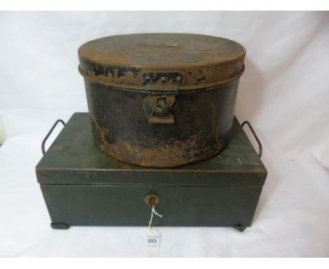 Vintage metal hat box together with vintage deed box complete with key