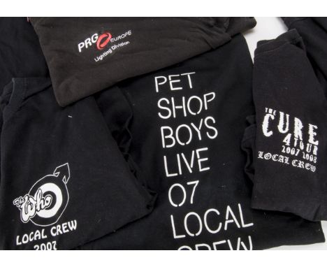 Tour / Crew T-shirts, four black T-shirts comprising: The Who logo printed with Local Crew 2007, The Cure 4 Tour 2007 2008 Lo