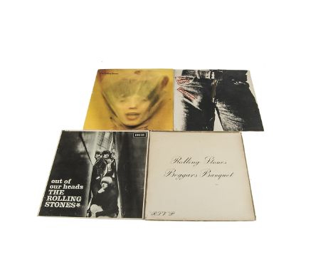 Rolling Stones LPs, four UK release Rolling Stones albums comprising Sticky Fingers (small zip sleeve with insert), Out Of Ou
