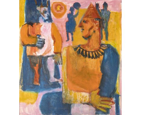 Alice Hanratty (b.1939)  Clown Figures Oil on canvas, 70 x 63cm (27½ x 23¾'')  Signed, lower left; also signed on remnant of 