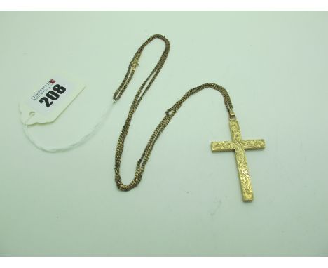 A Flat Link Curb Style Chain, length 67cm, stamped "375", suspending a large 9ct cross pendant, of scroll design.