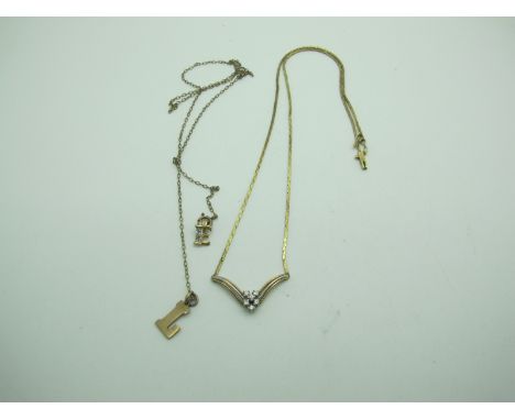 A Modern Diamond Set Necklace, claw set highlights, within trifurcated setting to integral snake link chain, stamped "585" (6