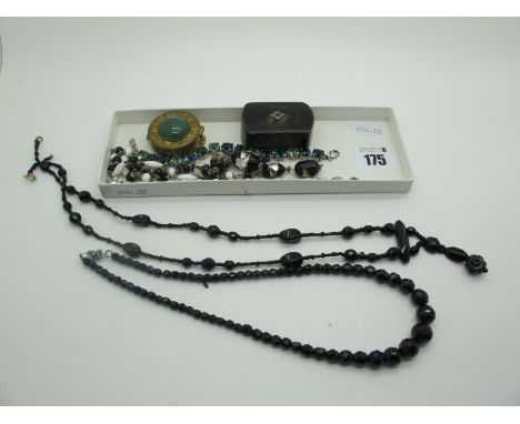 A XIX Century Snuff Box, French Jet style bead necklace with bead drop, bracelets, pill box etc. 