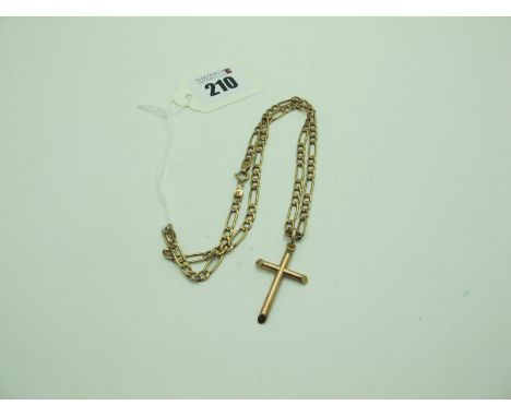 A Flat Link Figaro Style Chain, length 46cm, stamped "9KT", suspending a plain cross pendant, stamped "375" (total weigh 5.5g