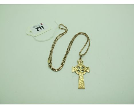 A Large 9ct Gold Celtic Style Cross Pendant, on a brick link style chain, length 56cm, stamped "375" (total weight 19grams).