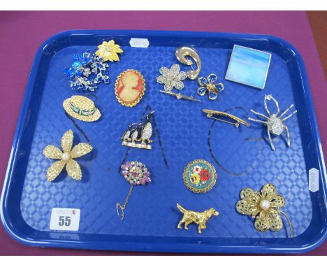 Assorted Costume Brooches, including novelty boater hat, with enamel highlights; cameo style, micromosaic, diamanté, filigree