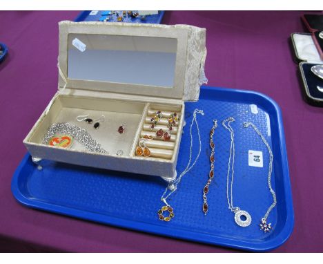 A Selection of Modern Amber Coloured Jewellery, including pendant on chain, stamped "925", an alternate collet set bracelet, 