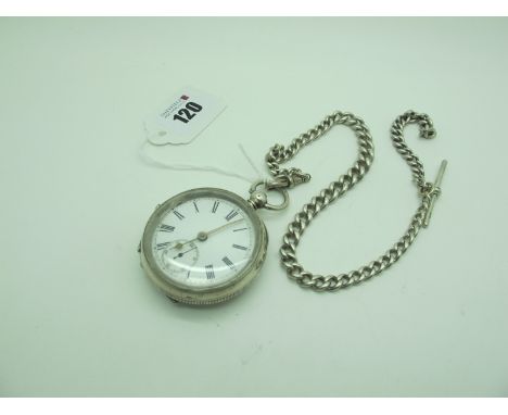 An Openface Pocketwatch, the white dial with black Roman numerals and seconds subsidiary dial, within engine turned case with