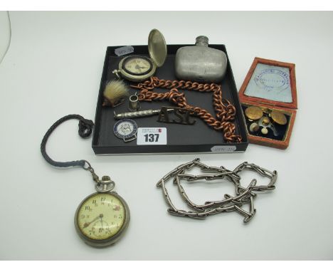 An Openface Pocketwatch,  small hip flask, expanding sleeve bands, compass, copper curb link chain, etc. 