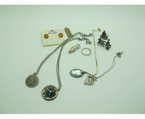 A Scottish Hallmarked Silver Caithness Style Pendant, St. Christopher pendant, a heart shape pendant on chain, novelty charm 