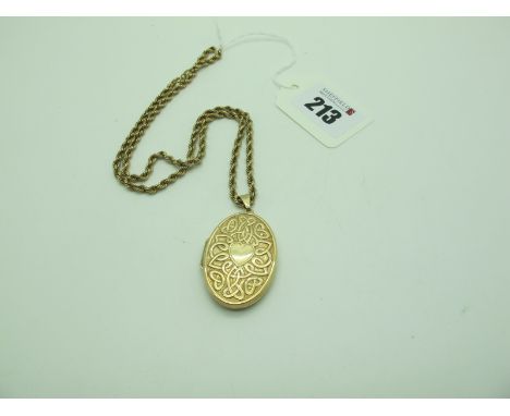 A Large Oval Locket Pendant, of Celtic style reverse inscribed "Love Entwines our Hearts Forever", stamped "375", on a rope t