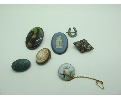 Australian Kookaburra Ceramic Panel Brooch, Mona Lisa oval brooch, micromosaic, Wedgwood Jasperware, oval cameo etc. 