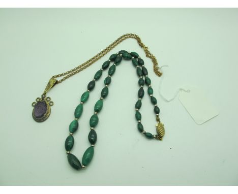 A Decorative Single Stone Pendant, suspended on gilt metal chain; Together with A Malachite Single Strand Graduated Bead Neck