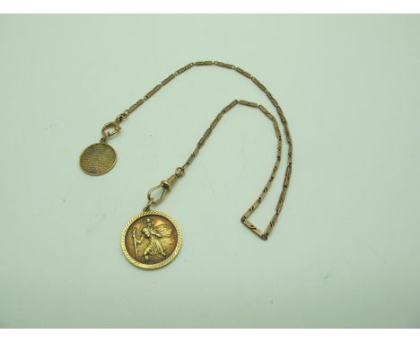 A 9ct Gold Circular St. Christopher Pendant, of relief design within textured border, a 9ct gold circular Lords Prayer pendan