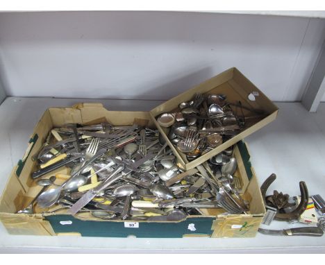 A Large Selection of Assorted Plated Cutlery, etc, a folding pocket knife, lighters, horseshoe candlestick etc. 