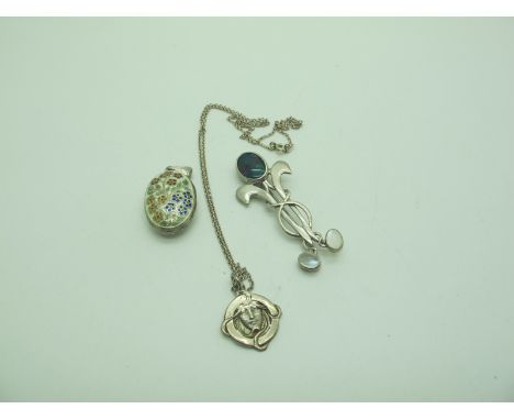 A Hallmarked Silver Art Nouveau Style Brooch, oval collet set with a black opal (doublet?); together with a hallmarked silver