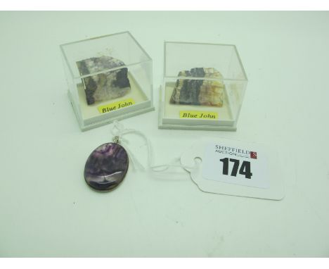 A Blue John Oval Panel Pendant, stamped "925"; together with two Blue John specimens. (2) 
