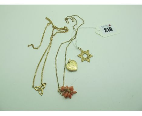 A Star of David Pendant, a 9ct gold heart shape locket pendant, a Celtic style pendant and chain (damaged)etc. 