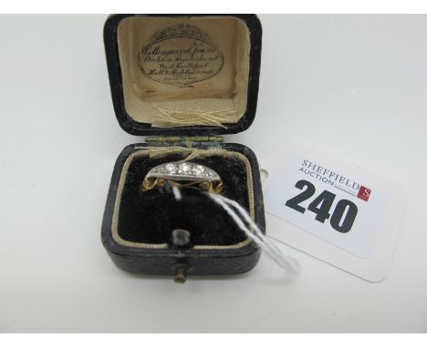 An Antique Five Stone Diamond Ring, of boat shape, openwork setting with five graduated old and single cut stones, stamped "1