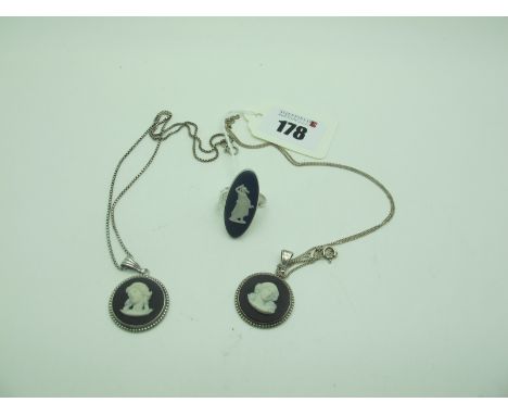 A Hallmarked Silver Black and White Wedgwood Jasperware Pendant, on a chain stamped "925"; together with another pendant simi