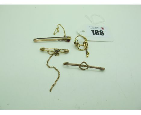 A 9ct Gold Openwork Brooch, together with a seed pearl inset stock pin, bar brooch etc. 