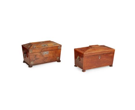 Y TWO REGENCY ROSEWOOD AND INLAY TEA CADDIES EARLY 19TH CENTURY of sarcophagus form, the first in rosewood with mother-of-pea
