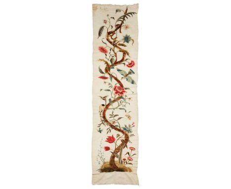 ENGLISH CREWEL WORK PANEL LATE 19TH CENTURY worked with wool on canvas, depicting a climbing vine thick with flowers, birds a