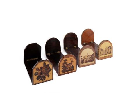 FOUR TUNBRIDGE WARE BOOK STANDS  19TH CENTURY  the first with Eridge castle on one side and a cottage on the other; the secon