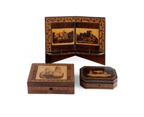 Y THREE TUNBRIDGE WARE PIECES 19TH CENTURY comprising an ebonised box of canted rectangular form, the hinged cover with a pen