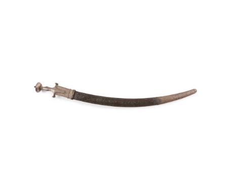 INDIAN SILVER-INLAID STEEL TULWAR SWORD 19TH CENTURY the hilt of typical shape with a circular disc and T-shaped forte, the s