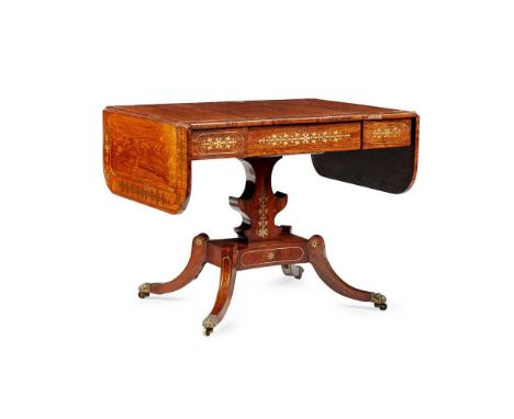 Y REGENCY ROSEWOOD AND BRASS INLAID SOFA TABLE EARLY 19TH CENTURY  the rounded rectangular crossbanded top with drop ends and
