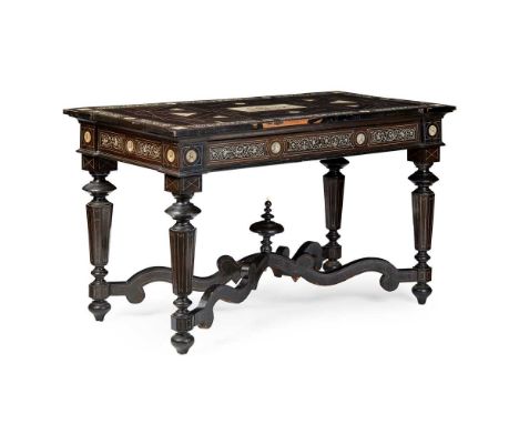 Y ITALIAN MILANESE EBONY AND IVORY INLAID CENTRE TABLE, IN THE MANNER OF FERDINANDO POGLIANI LATE 19TH CENTURY the top inlaid