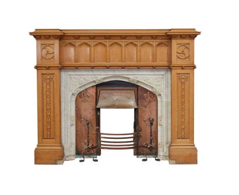 LARGE GOTHIC REVIVAL OAK AND WHITE MARBLE FIRE SURROUND  CIRCA 1830 the white oak surround of inverted breakfront outline, th