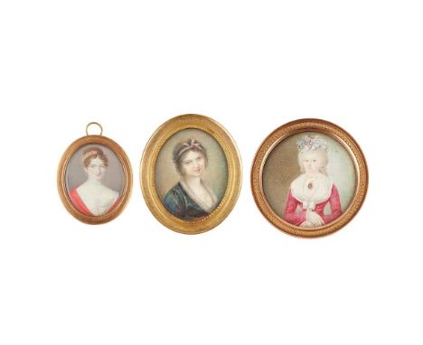 Y THREE PORTRAIT MINIATURES OF FAMOUS LADIES LATE 19TH CENTURY all watercolour and bodycolour on ivory, the first an oval por