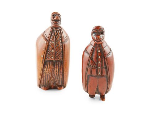 TWO CARVED COQUILLA NUT CHARACTER SNUFF BOXES 19TH CENTURY the first example depicting a man with a hook nose and glass bead 