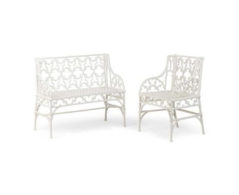 FRENCH CAST-IRON GOTHIC GARDEN BENCH AND ARMCHAIR, AFTER THE MODEL BY THE VAL D'OSNE FOUNDRY MID 19TH CENTURY the back and ar