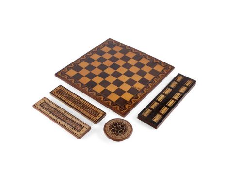 GROUP OF FIVE TUNBRIDGE WARE GAME BOARDS  19TH CENTURY  comprising a chess board with flower border, 35.5cm by 35.5cm; three 