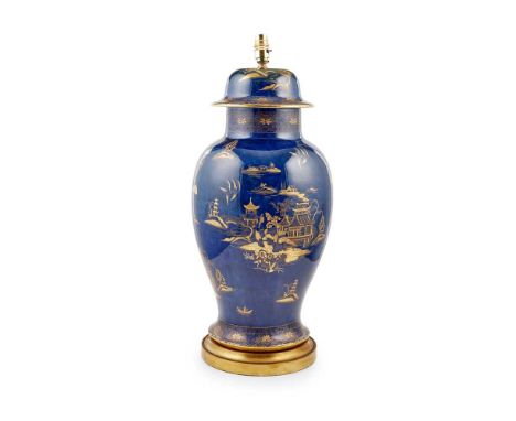 LARGE CARLTONWARE BLUE AND GILT LAMP EARLY 20TH CENTURY of covered baluster form in the Chinese style, decorated with scenes 
