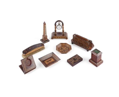 Y COLLECTION OF TUNBRIDGE WARE DESK ITEMS 19TH CENTURY with various design patterns, comprising a letter rack on bun feet wit