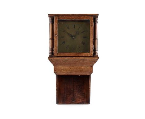 ENGLISH OAK WALL DIAL CLOCK 18TH CENTURY the brass dial with black Roman numerals and Arabic five minute markers, the square 