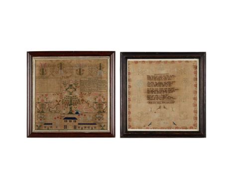 TWO SCOTTISH NEEDLEWORK SAMPLERS EARLY 19TH CENTURY worked in silk on linen, the first with a wide band of stylised tulips ab